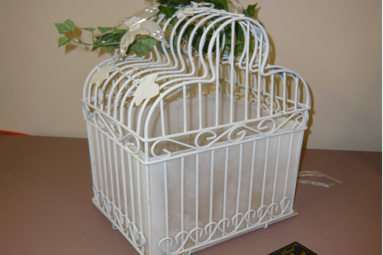 White Metal Bird Cage Card Box